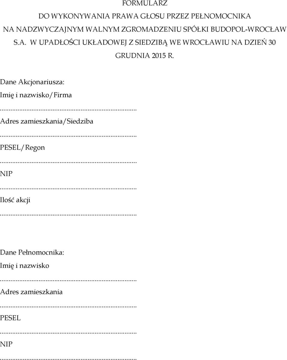 Dane Akcjonariusza: Imię i nazwisko/firma Adres zamieszkania/siedziba PESEL/Regon NIP