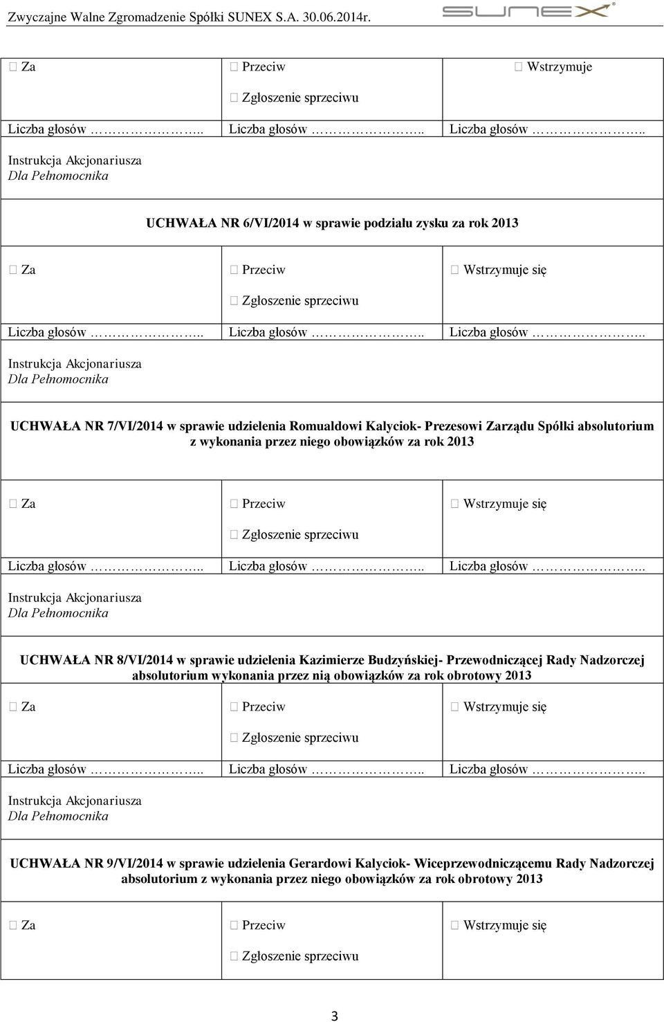 Budzyńskiej- Przewodniczącej Rady Nadzorczej absolutorium wykonania przez nią obowiązków za rok obrotowy 2013 UCHWAŁA NR 9/VI/2014 w