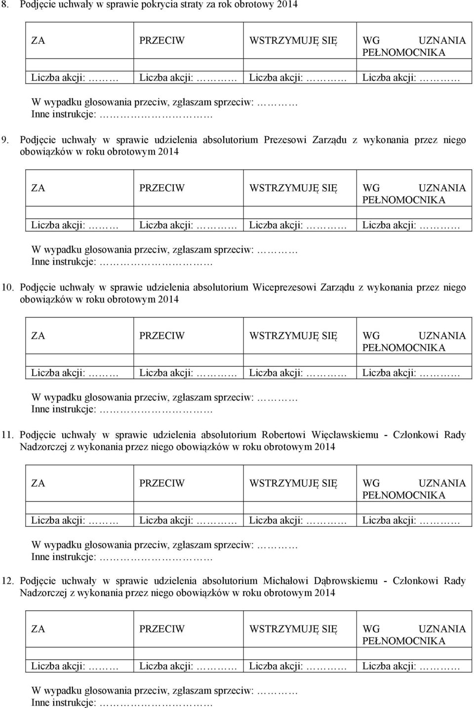 Podjęcie uchwały w sprawie udzielenia absolutorium Wiceprezesowi Zarządu z wykonania przez niego obowiązków w roku obrotowym 2014