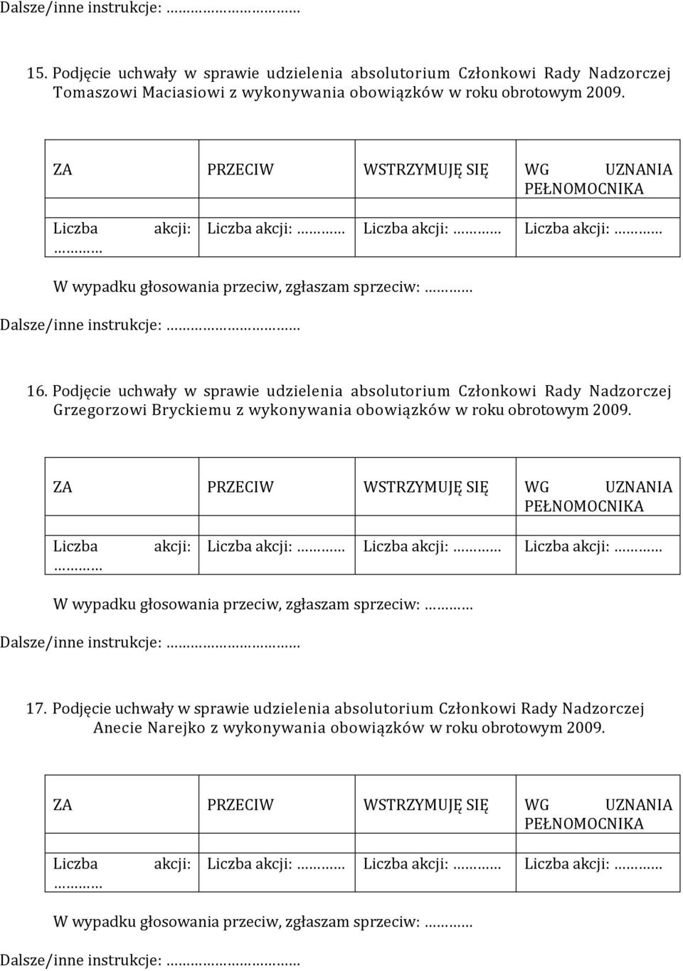 Podjęcie uchwały w sprawie udzielenia absolutorium Członkowi Rady Nadzorczej Grzegorzowi Bryckiemu z