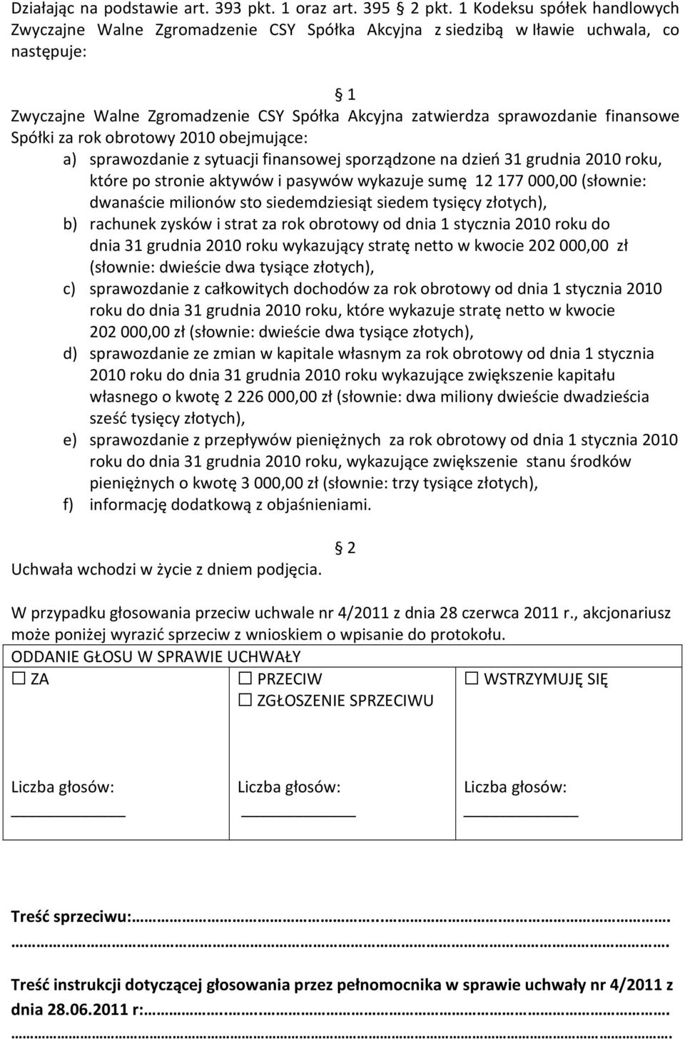 obejmujące: a) sprawozdanie z sytuacji finansowej sporządzone na dzień 31 grudnia 2010 roku, które po stronie aktywów i pasywów wykazuje sumę 12 177 000,00 (słownie: dwanaście milionów sto