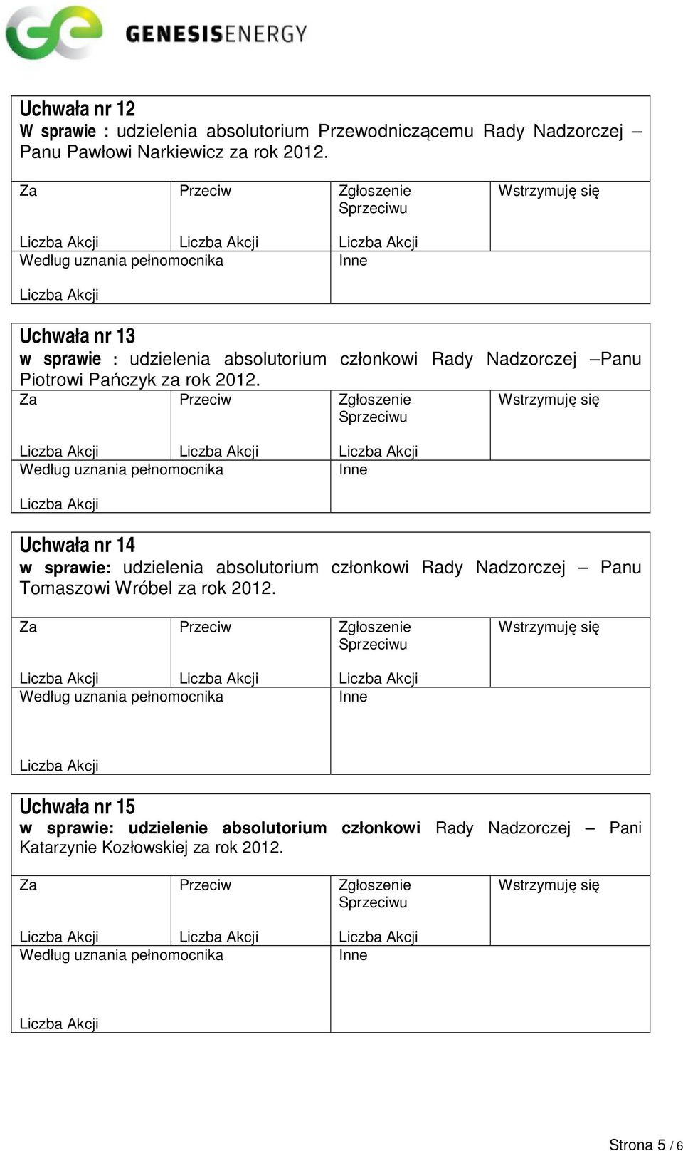 Uchwała nr 14 w sprawie: udzielenia absolutorium członkowi Rady Nadzorczej Panu Tomaszowi Wróbel za rok 2012.