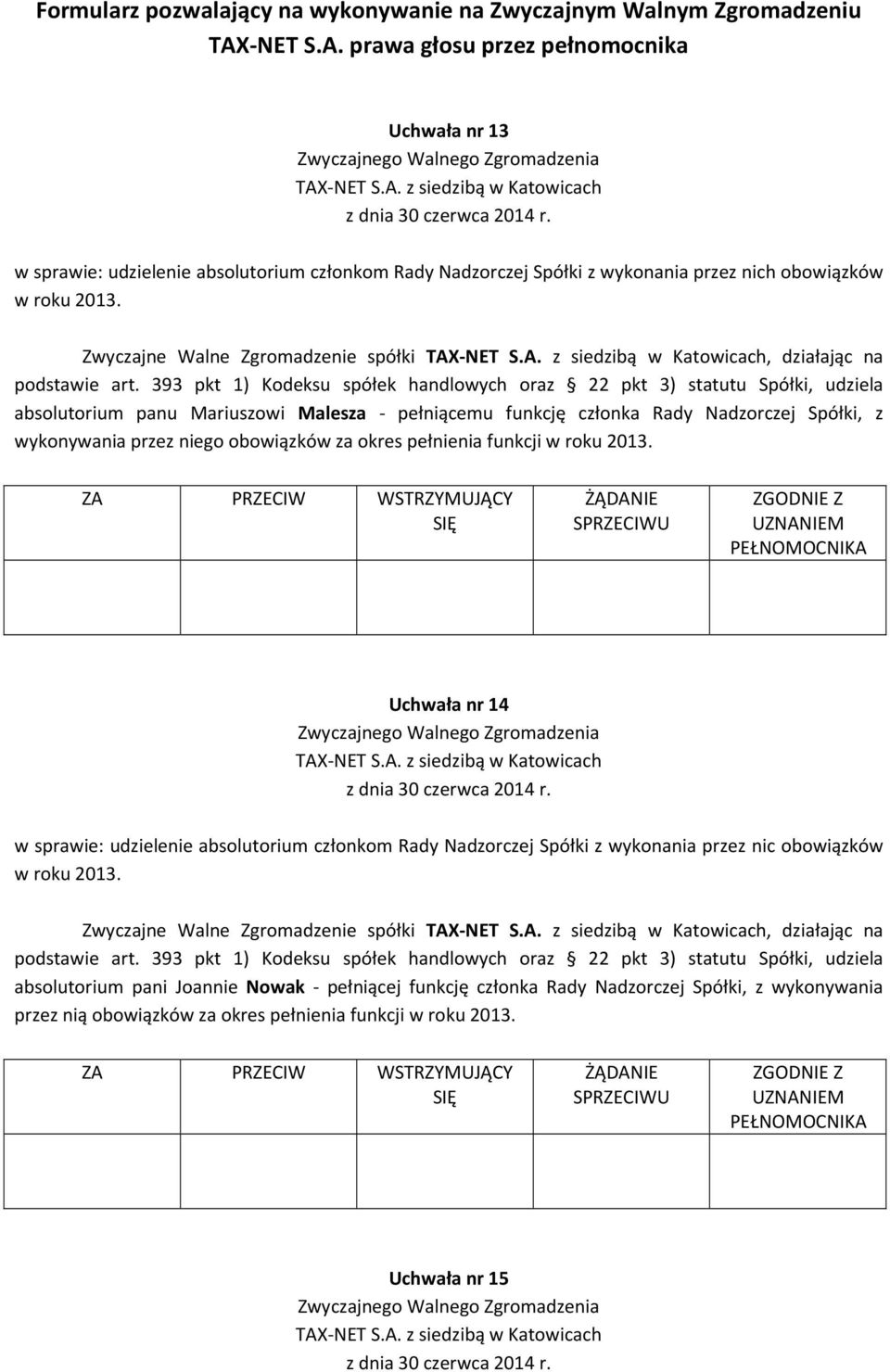 obowiązków za okres pełnienia funkcji w roku 2013.