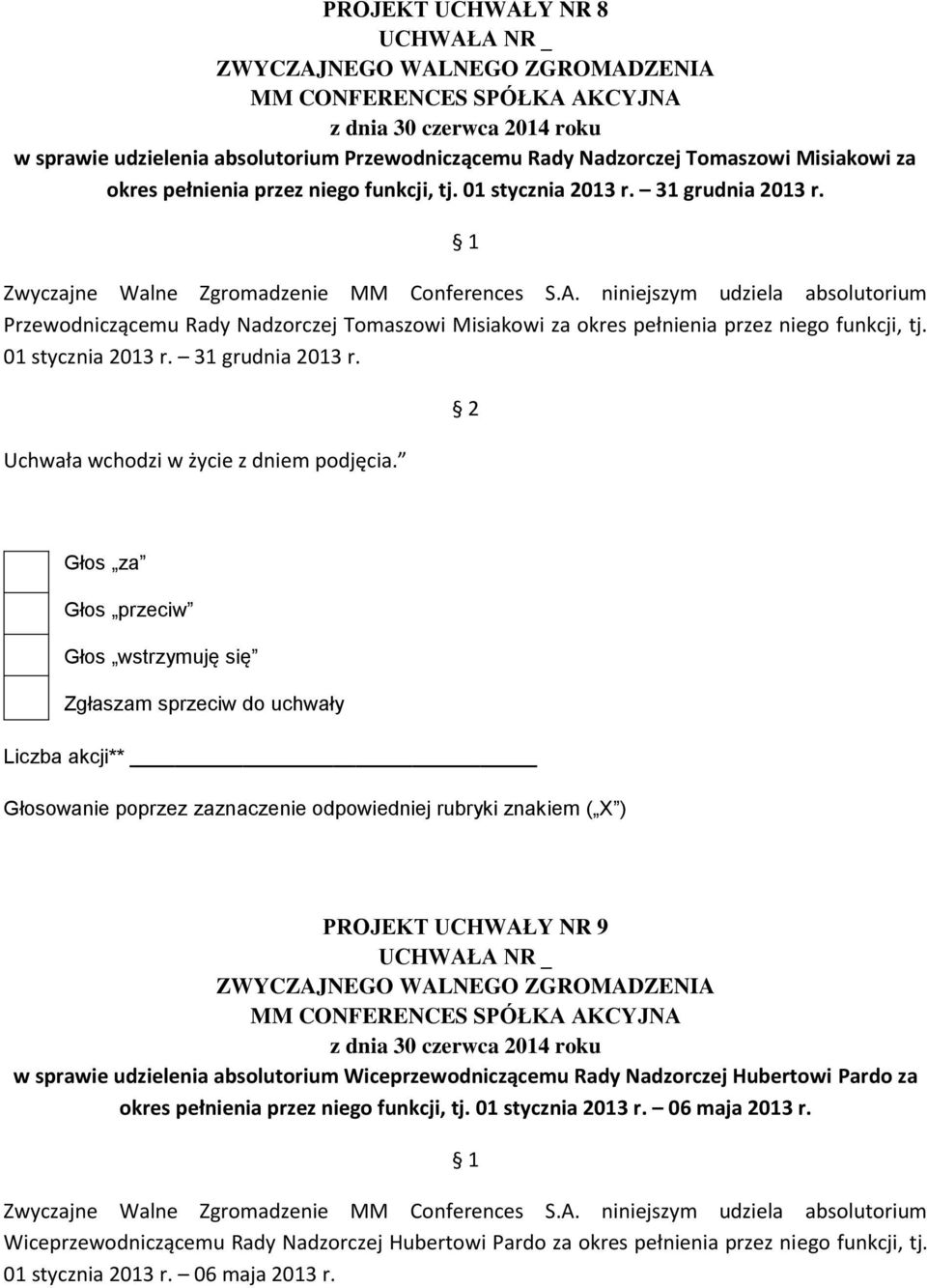 31 grudnia 2013 r. PROJEKT UCHWAŁY NR 9 w sprawie udzielenia absolutorium Wiceprzewodniczącemu Rady Nadzorczej Hubertowi Pardo za okres pełnienia przez niego funkcji, tj. 01 stycznia 2013 r.