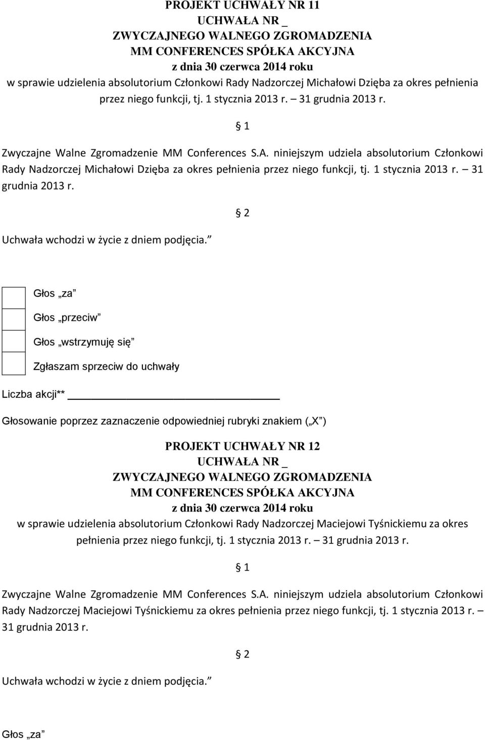 31 grudnia 2013 r. PROJEKT UCHWAŁY NR 12 w sprawie udzielenia absolutorium Członkowi Rady Nadzorczej Maciejowi Tyśnickiemu za okres pełnienia przez niego funkcji, tj. 1 stycznia 2013 r.