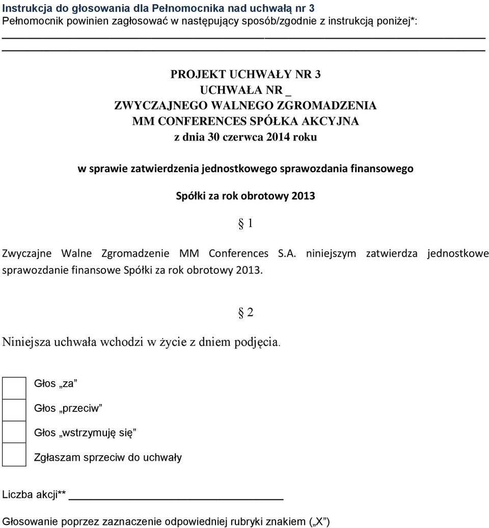 finansowego Spółki za rok obrotowy 2013 Zwyczajne Walne Zgromadzenie MM Conferences S.A.