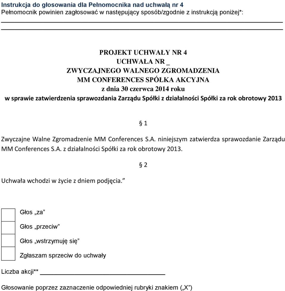 sprawozdania Zarządu Spółki z działalności Spółki za rok obrotowy 2013 Zwyczajne Walne Zgromadzenie MM