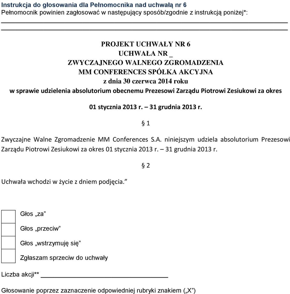 Zarządu Piotrowi Zesiukowi za okres 01 stycznia 2013 r. 31 grudnia 2013 r.