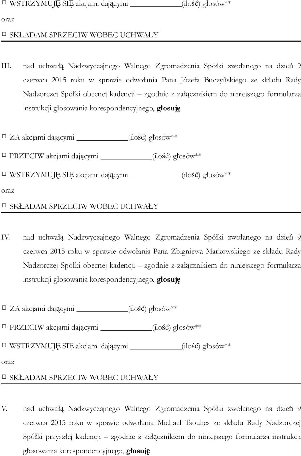 nad uchwałą Nadzwyczajnego Walnego Zgromadzenia Spółki zwołanego na dzień 9 czerwca 2015 roku w sprawie odwołania Pana Zbigniewa Markowskiego ze składu Rady Nadzorczej Spółki obecnej kadencji