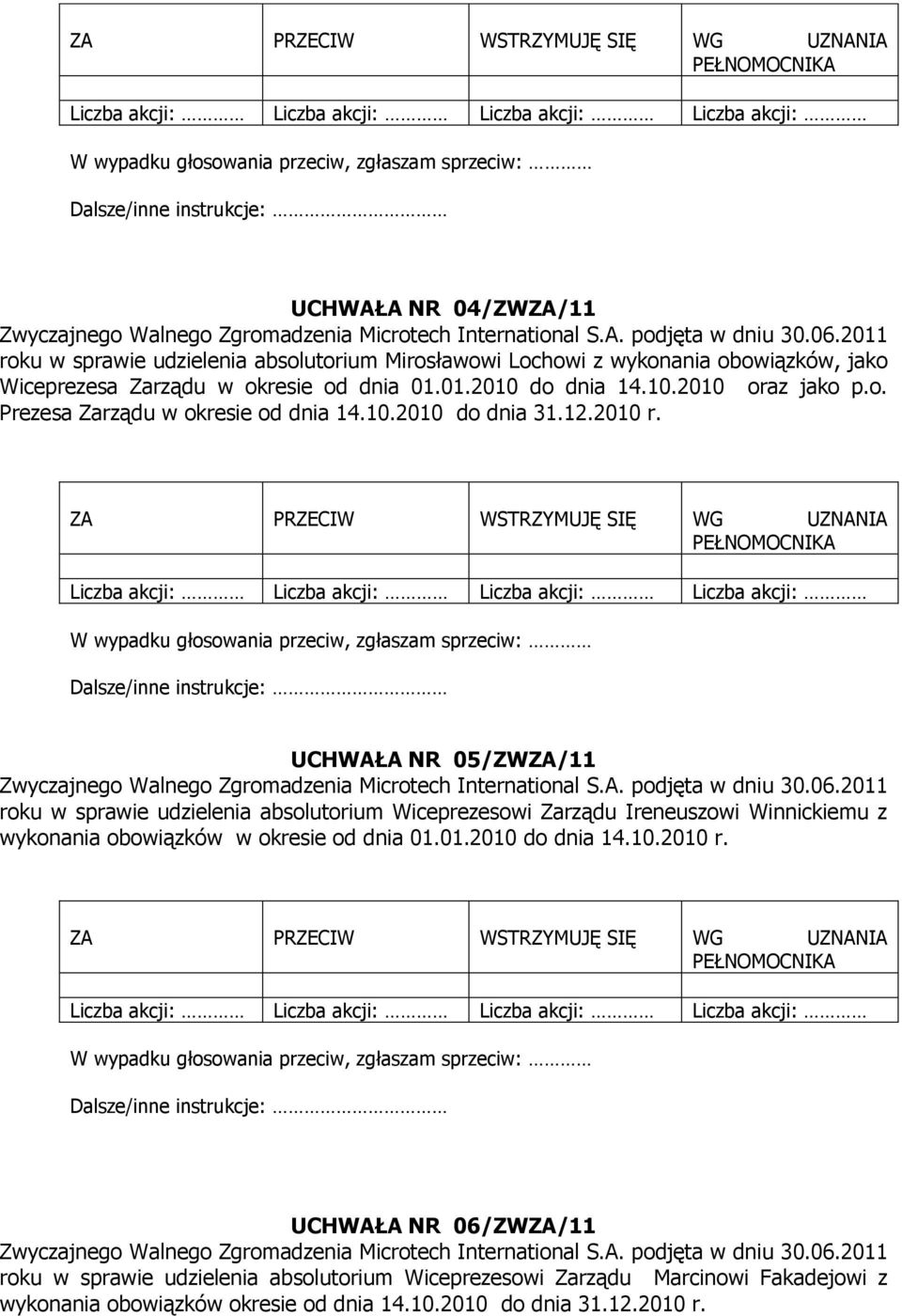 UCHWAŁA NR 05/ZWZA/11 roku w sprawie udzielenia absolutorium Wiceprezesowi Zarządu Ireneuszowi Winnickiemu z wykonania obowiązków w okresie od dnia 01.