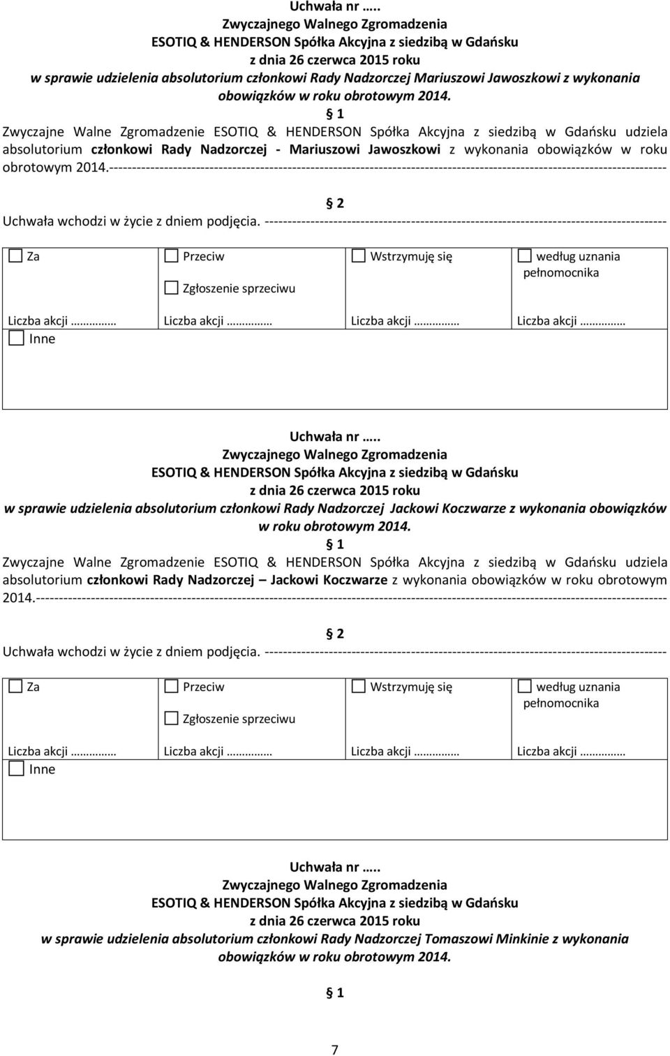 -------------------------------------------------------------------------------------------------------------------------- w sprawie udzielenia absolutorium członkowi Rady Nadzorczej Jackowi