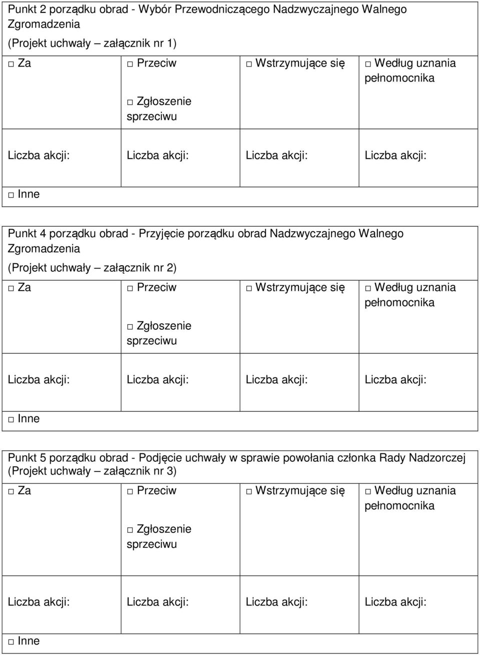 Zgłoszenie sprzeciwu Wstrzymujące się Według uznania pełnomocnika Liczba akcji: Liczba akcji: Liczba akcji: Liczba akcji: Inne Punkt 5 porządku obrad - Podjęcie uchwały w sprawie