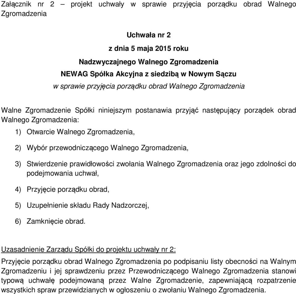 prawidłowości zwołania Walnego oraz jego zdolności do podejmowania uchwał, 4) Przyjęcie porządku obrad, 5) Uzupełnienie składu Rady Nadzorczej, 6) Zamknięcie obrad.