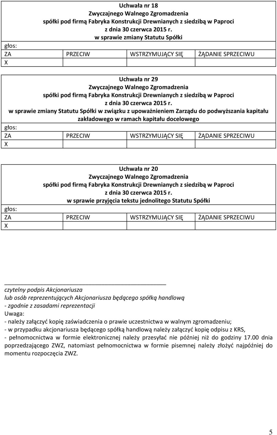 reprezentacji Uwaga: - należy załączyć kopię zaświadczenia o prawie uczestnictwa w walnym zgromadzeniu; - w przypadku akcjonariusza będącego spółką handlową należy załączyć kopię odpisu z KRS, -