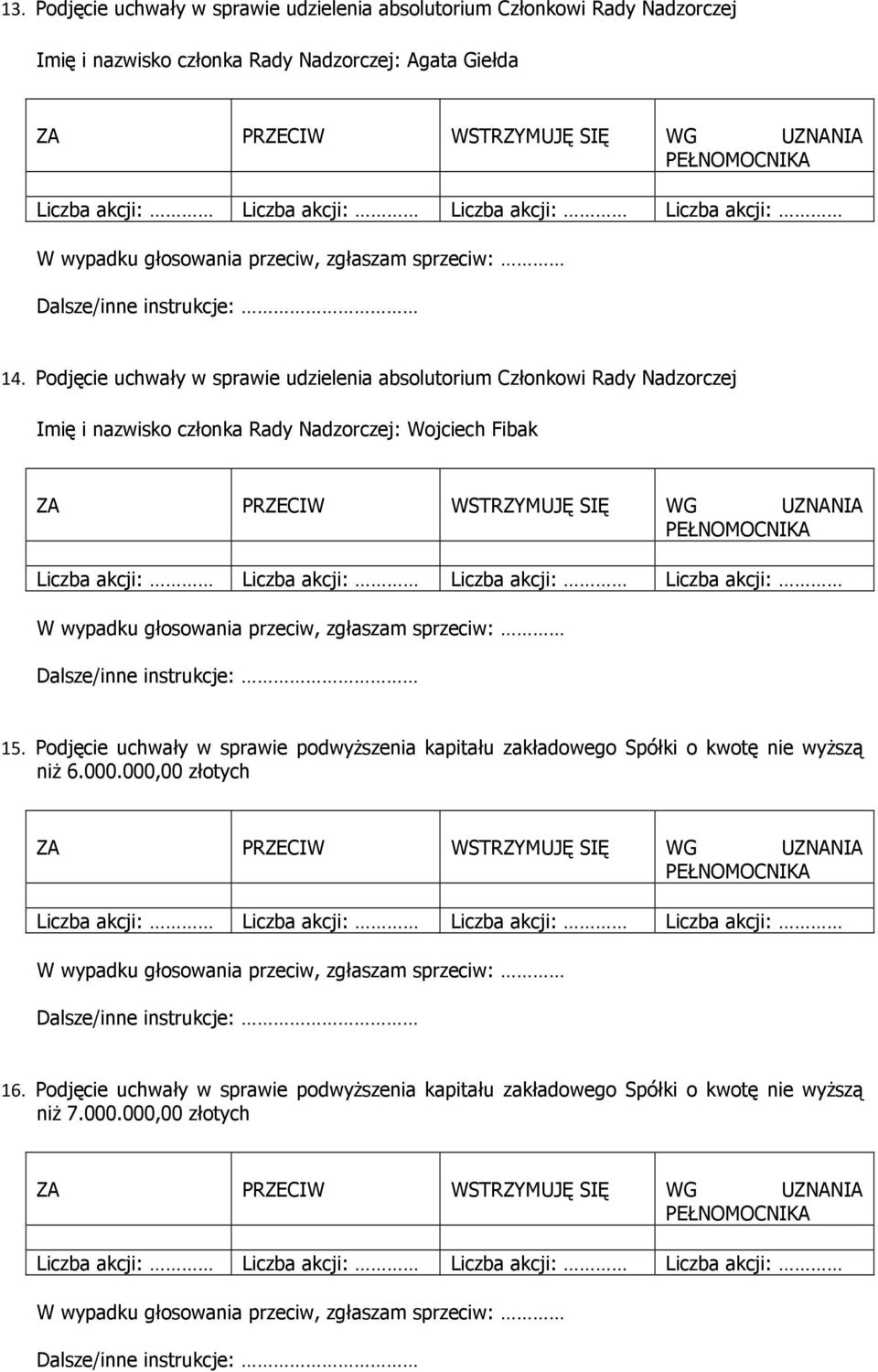 Podjęcie uchwały w sprawie udzielenia absolutorium Członkowi Rady Nadzorczej Imię i nazwisko członka Rady Nadzorczej: