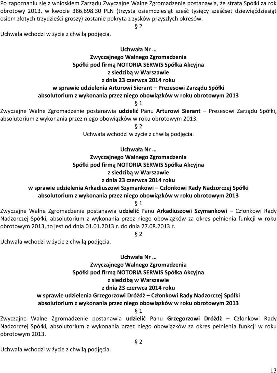 w sprawie udzielenia Arturowi Sierant Prezesowi Zarządu Spółki absolutorium z wykonania przez niego obowiązków w roku obrotowym 2013 Zwyczajne Walne Zgromadzenie postanawia udzielić Panu Arturowi