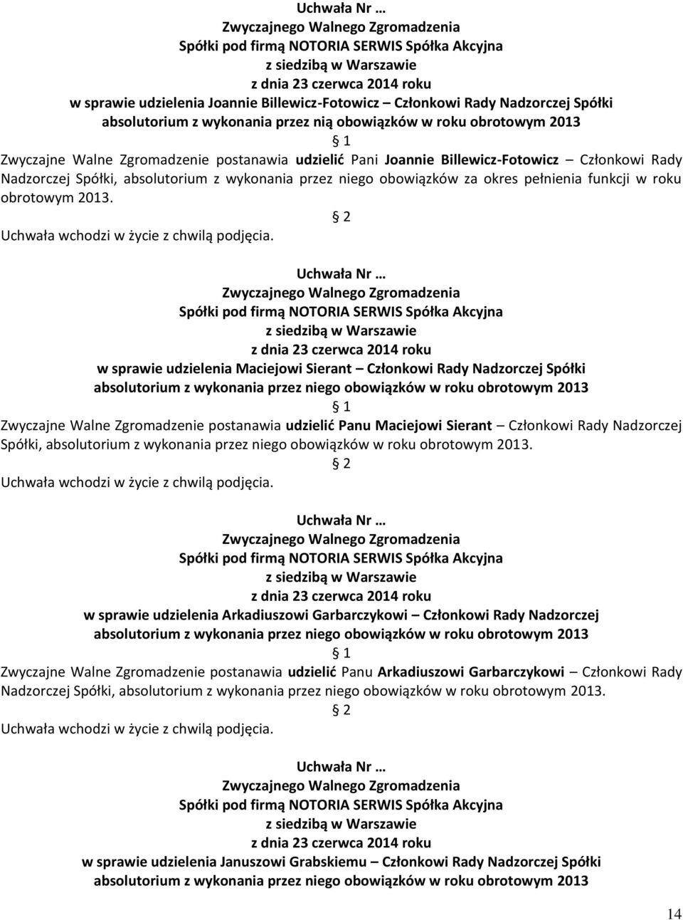 w sprawie udzielenia Maciejowi Sierant Członkowi Rady Nadzorczej Spółki absolutorium z wykonania przez niego obowiązków w roku obrotowym 2013 Zwyczajne Walne Zgromadzenie postanawia udzielić Panu