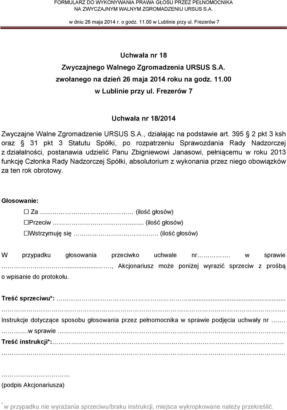 Panu Zbigniewowi Janasowi, pełniącemu w roku 2013 funkcję Członka Rady Nadzorczej Spółki, absolutorium z wykonania przez niego