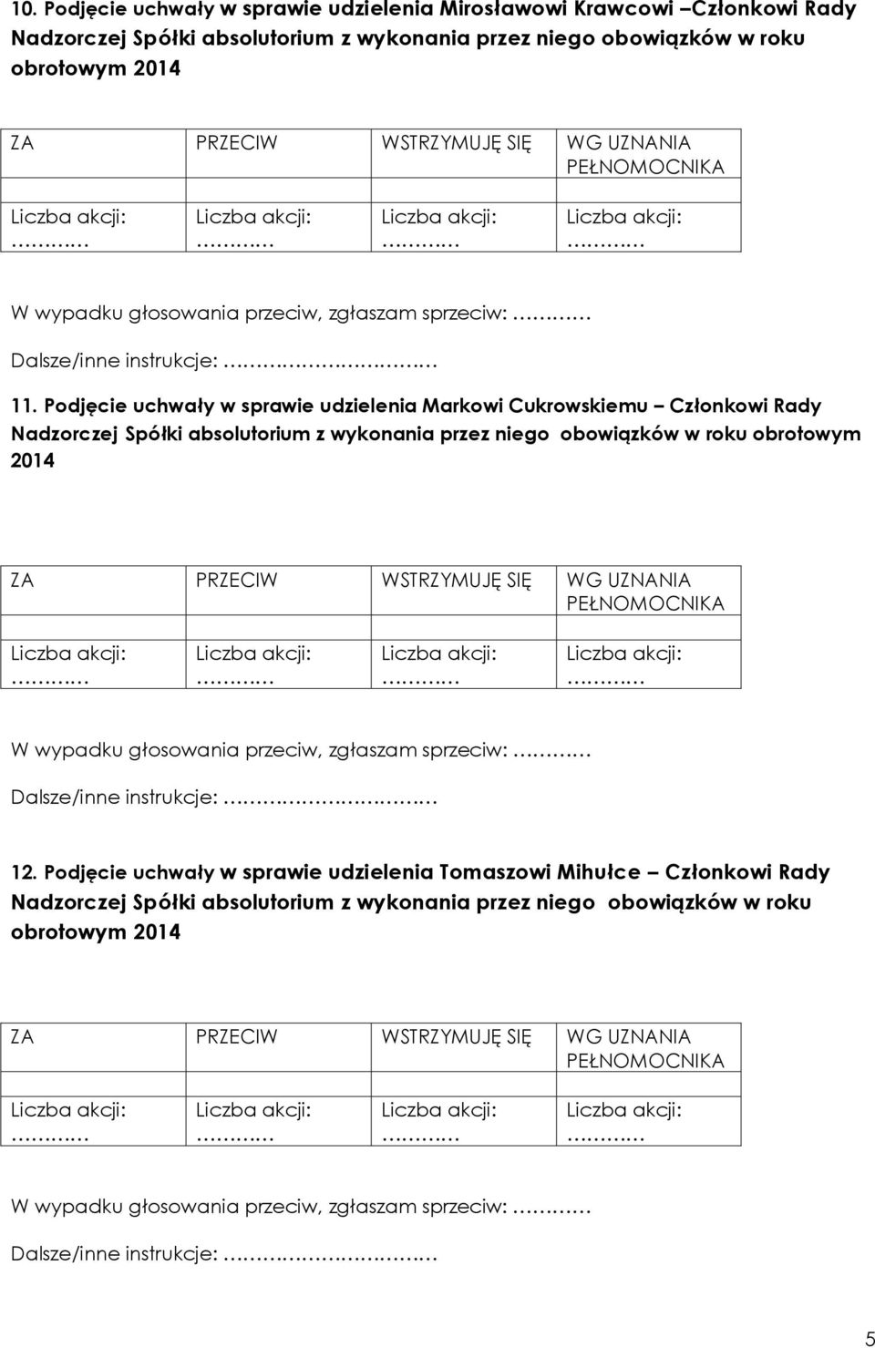 Podjęcie uchwały w sprawie udzielenia Markowi Cukrowskiemu Członkowi Rady Nadzorczej Spółki absolutorium z wykonania przez niego obowiązków w roku obrotowym 2014 W wypadku