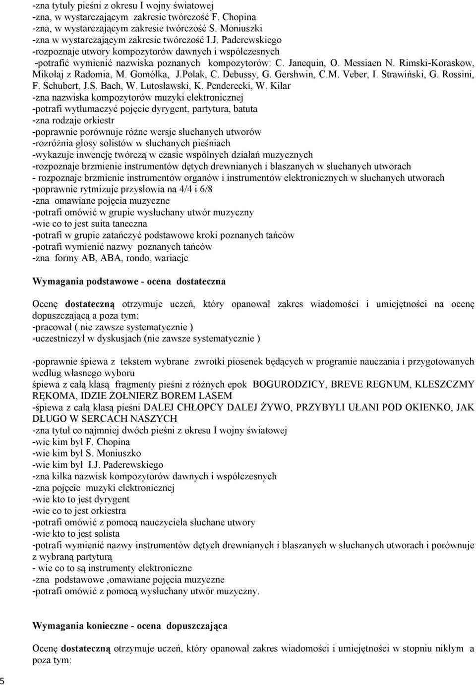 Polak, C. Debussy, G. Gershwin, C.M. Veber, I. Strawiński, G. Rossini, F. Schubert, J.S. Bach, W. Lutosławski, K. Penderecki, W.