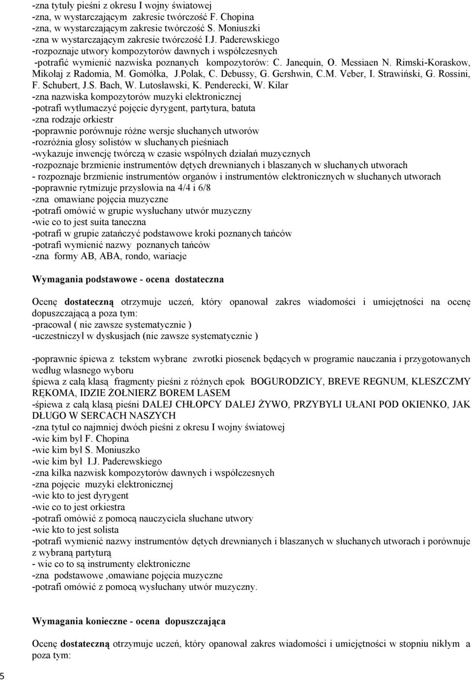 Polak, C. Debussy, G. Gershwin, C.M. Veber, I. Strawiński, G. Rossini, F. Schubert, J.S. Bach, W. Lutosławski, K. Penderecki, W.