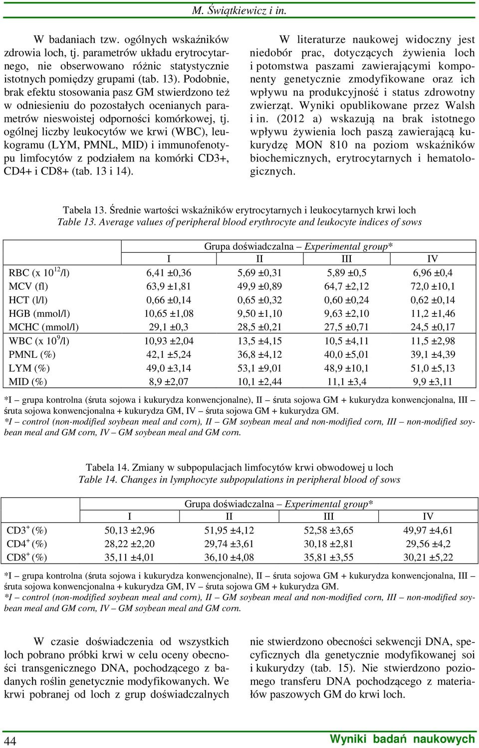 ogólnej liczby leukocytów we krwi (WBC), leukogramu (LYM, PMNL, MID) i immunofenotypu limfocytów z podziałem na komórki CD3+, CD4+ i CD8+ (tab. 13 i 14).