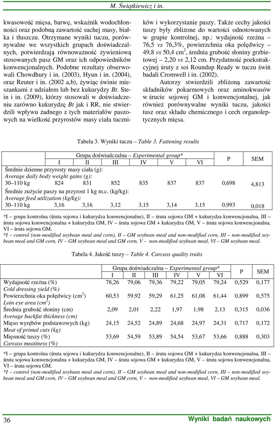 Podobne rezultaty obserwowali Chowdhury i in. (2003), Hyun i in. (2004), oraz Reuter i in. (2002 a,b), żywiąc świnie mieszankami z udziałem lub bez kukurydzy Bt. Stein i in.