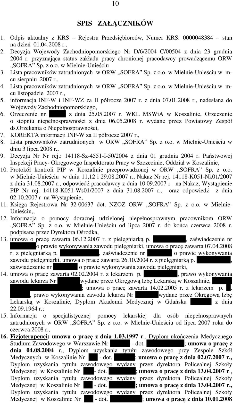Lista pracowników zatrudnionych w ORW SOFRA Sp. z o.o. w Mielnie-Unieściu w m- cu sierpniu 2007 r., 4. Lista pracowników zatrudnionych w ORW SOFRA Sp. z o.o. w Mielnie-Unieściu w m- cu listopadzie 2007 r.