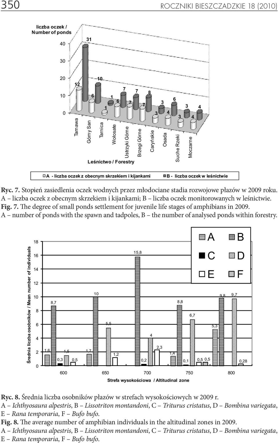 A number of ponds with the spawn and tadpoles, B the number of analysed ponds within forestry. Ryc. 8. Średnia liczba osobników płazów w strefach wysokościowych w 2009 r.