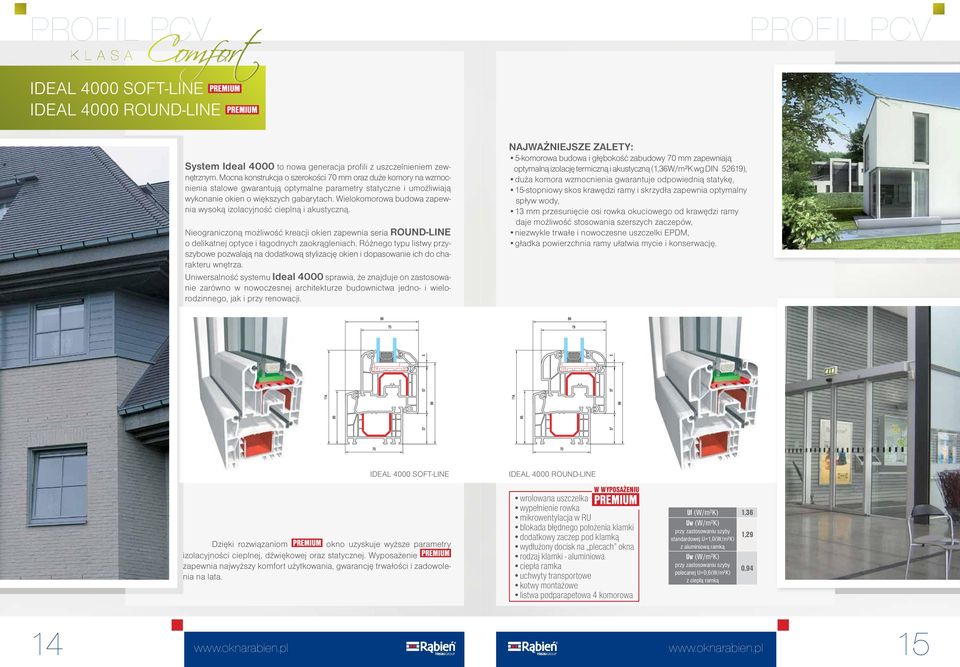 Wielokomorowa budowa zapewnia wysoką izolacyjność cieplną i akustyczną. Nieograniczoną możliwość kreacji okien zapewnia seria ROUND-LINE o delikatnej optyce i łagodnych zaokrągleniach.