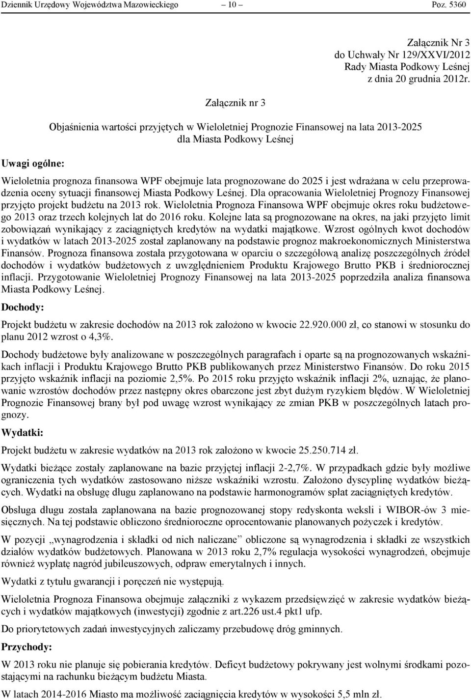 celu przeprowadzenia oceny sytuacji finansowej Miasta Podkowy Leśnej. Dla opracowania Wieloletniej Prognozy Finansowej przyjęto projekt budżetu na 2013 rok.