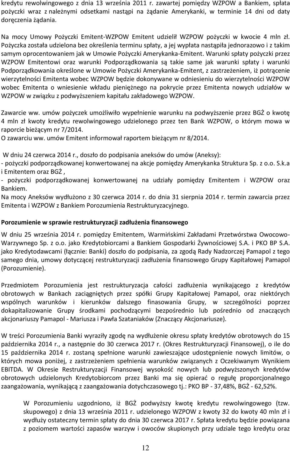 Pożyczka została udzielona bez określenia terminu spłaty, a jej wypłata nastąpiła jednorazowo i z takim samym oprocentowaniem jak w Umowie Pożyczki Amerykanka-Emitent.