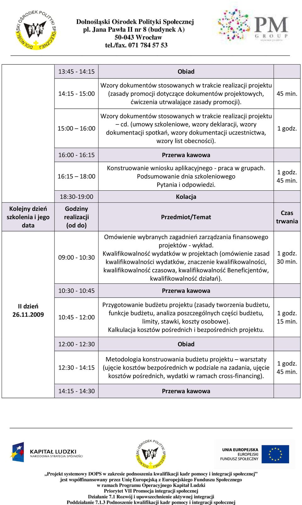 16:00-16:15 Przerwa kawowa 16:15 18:00 Konstruowanie wniosku aplikacyjnego - praca w grupach. Podsumowanie dnia szkoleniowego Pytania i odpowiedzi.