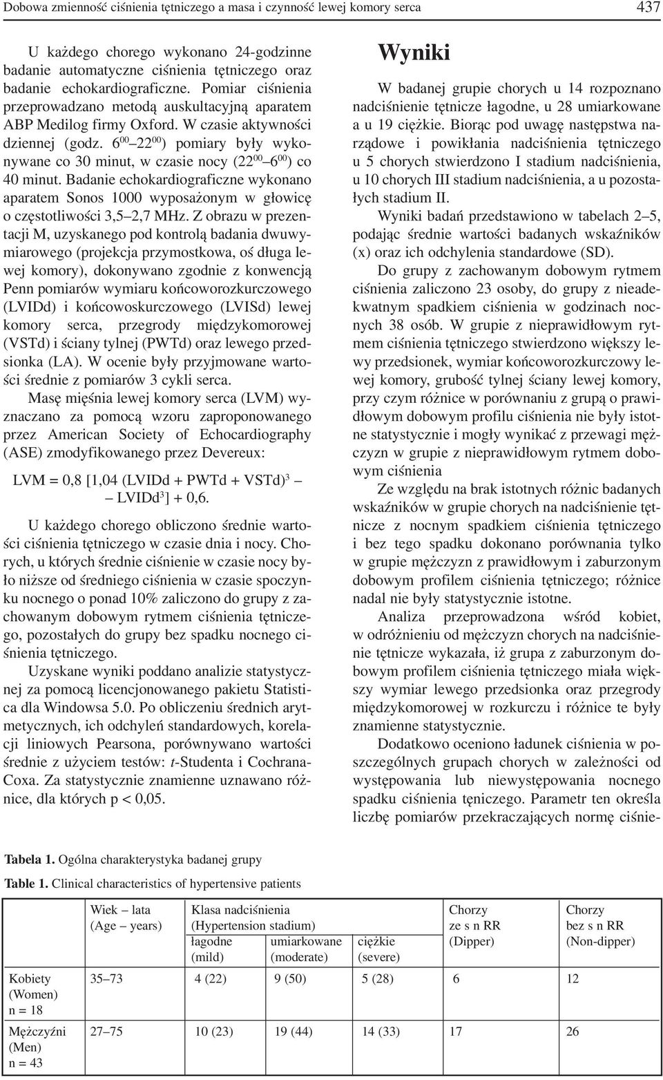 6 00 22 00 ) pomiary były wyko nywane co 30 minut, w czasie nocy (22 00 6 00 ) co 40 minut. Badanie echokardiograficzne wykonano aparatem Sonos 1000 wyposażonym w głowicę o częstotliwości 3,5 2,7 MHz.