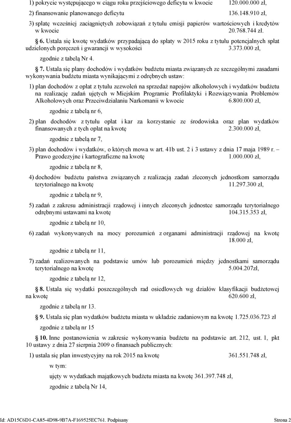 Ustala się kwotę wydatków przypadającą do spłaty w 2015 roku z tytułu potencjalnych spłat udzielonych poręczeń i gwarancji w wysokości 3.373.000 zł, zgodnie z tabelą Nr 4. 7.