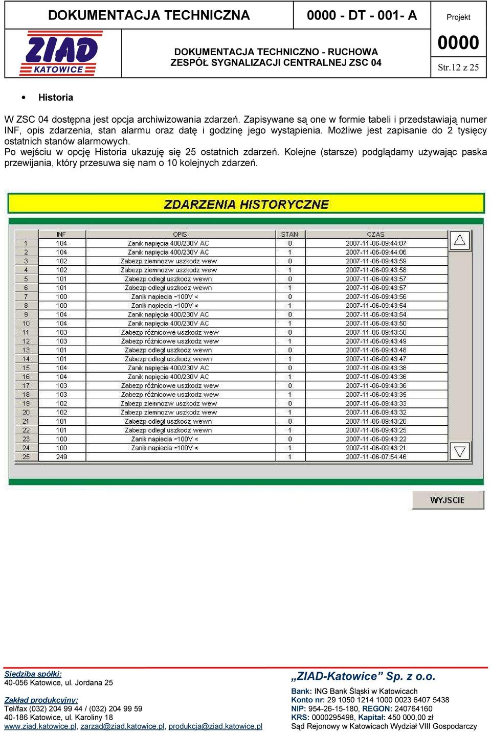 Możliwe jest zapisanie do 2 tysięcy ostatnich stanów alarmowych. Po wejściu w opcję Historia ukazuję się 25 ostatnich zdarzeń.