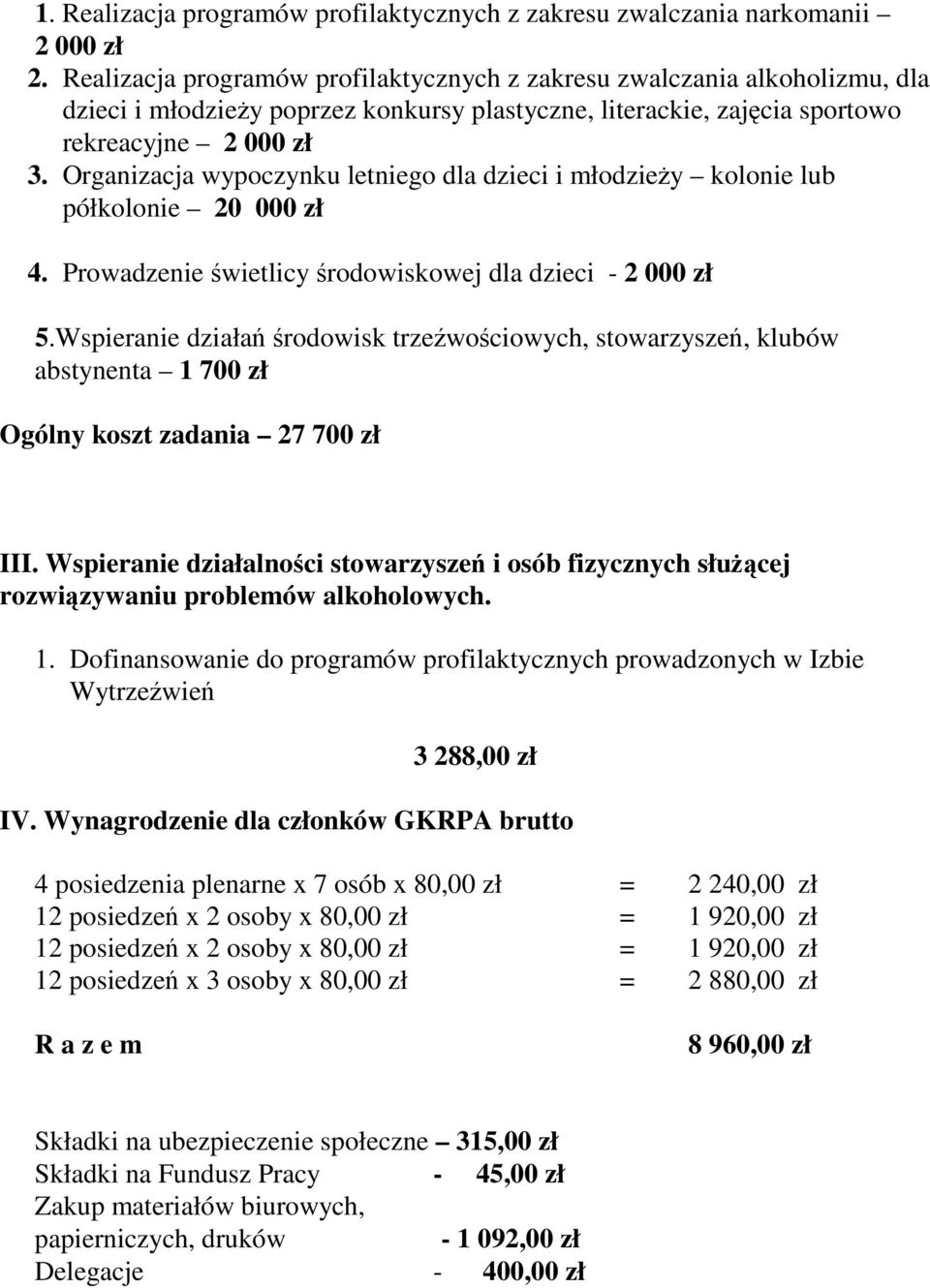 Organizacja wypoczynku letniego dla dzieci i młodzieŝy kolonie lub półkolonie 20 000 zł 4. Prowadzenie świetlicy środowiskowej dla dzieci - 2 000 zł 5.