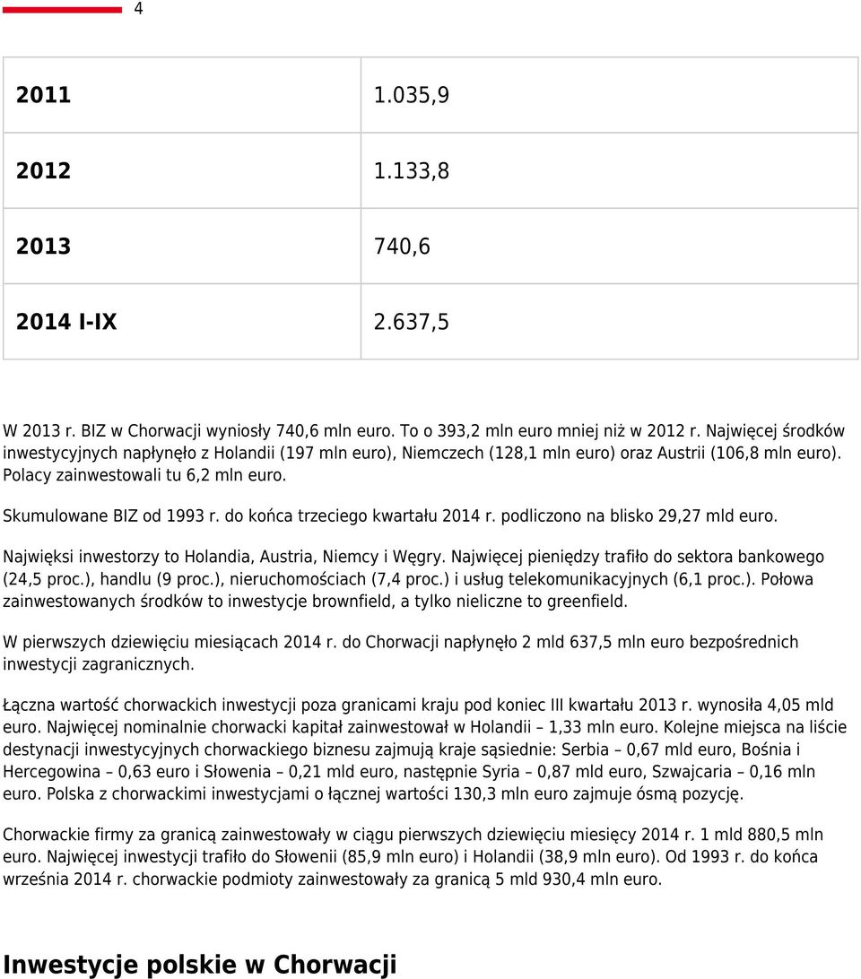 do końca trzeciego kwartału 2014 r. podliczono na blisko 29,27 mld euro. Najwięksi inwestorzy to Holandia, Austria, Niemcy i Węgry. Najwięcej pieniędzy trafiło do sektora bankowego (24,5 proc.