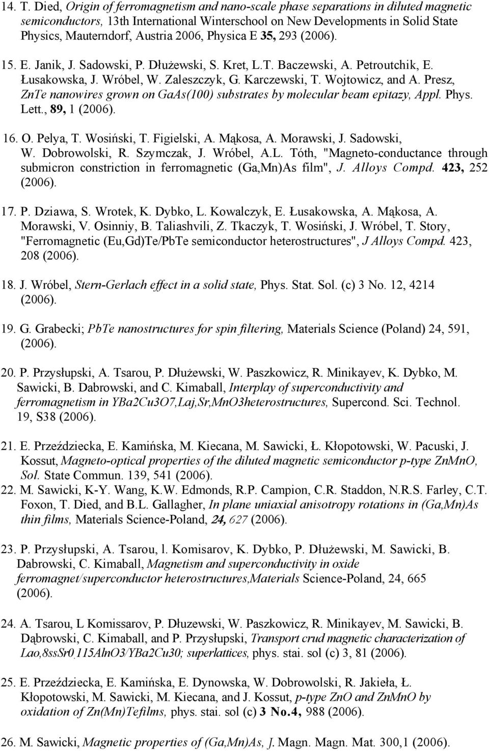 2006, Physica E 35, 293 15. E. Janik, J. Sadowski, P. Dłużewski, S. Kret, L.T. Baczewski, A. Petroutchik, E. Łusakowska, J. Wróbel, W. Zaleszczyk, G. Karczewski, T. Wojtowicz, and A.