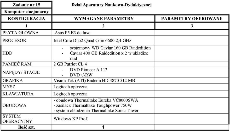 A 112 - DVD+/-RW Vision Tek (ATI) Radeon HD 3870 512 MB MYSZ Logitech optyczna KLAWIATURA Logitech optyczna - obudowa