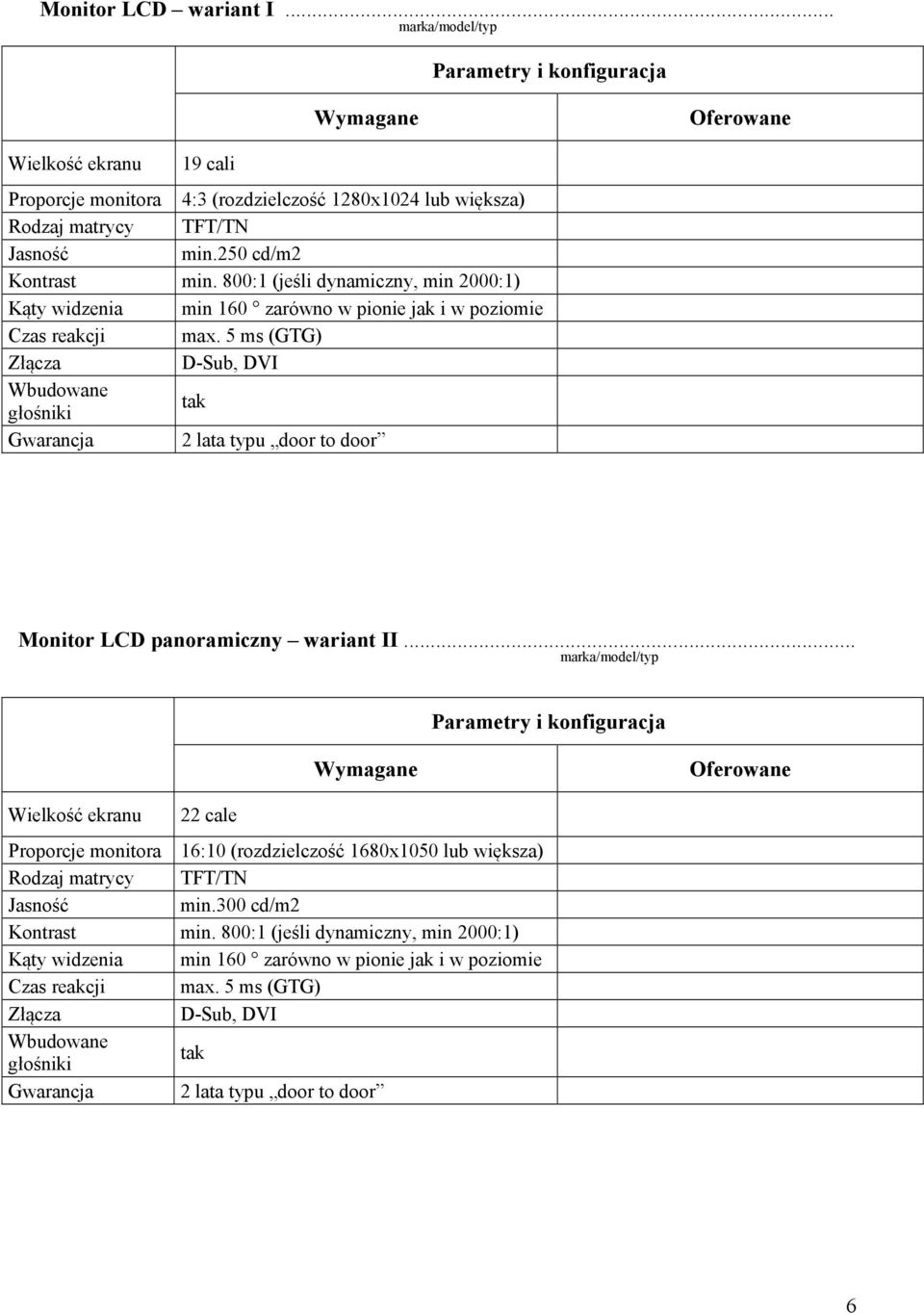 5 ms (GTG) Złącza D-Sub, DVI Wbudowane głośniki tak 2 lata typu door to door Monitor LCD panoramiczny wariant II.