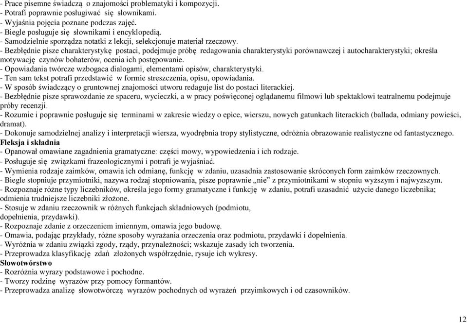 - Bezbłędnie pisze charakterystykę postaci, podejmuje próbę redagowania charakterystyki porównawczej i autocharakterystyki; określa motywację czynów bohaterów, ocenia ich postępowanie.