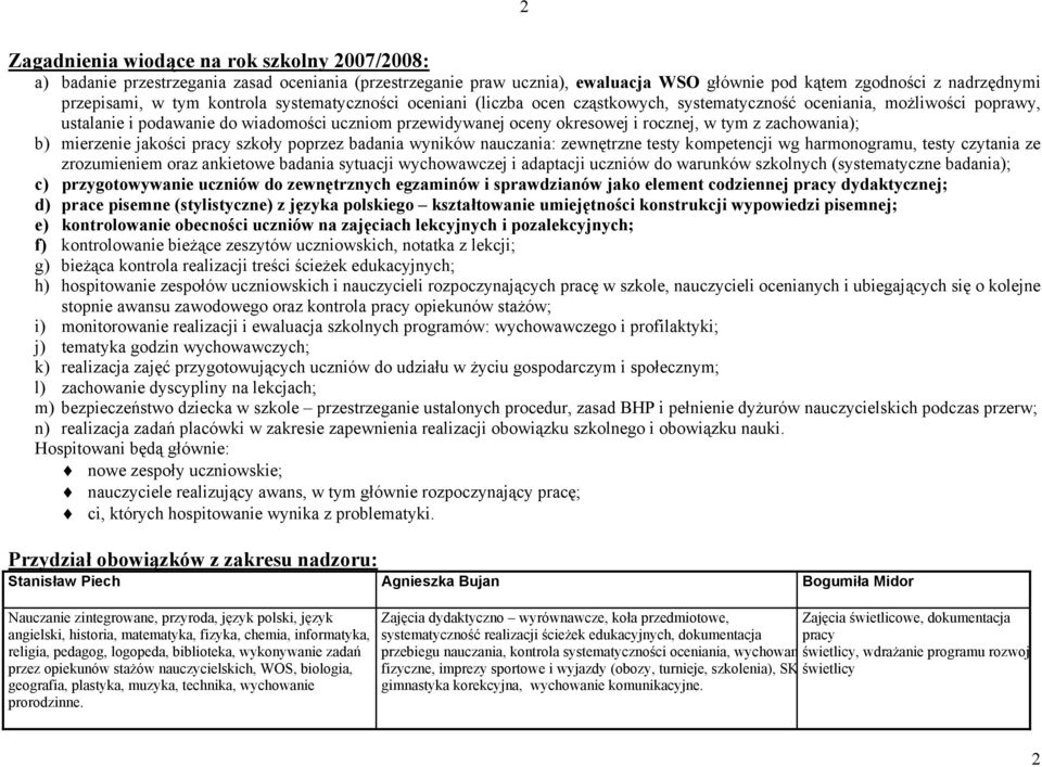 z zachowania); b) mierzenie jakości pracy szkoły poprzez badania wyników nauczania: zewnętrzne testy kompetencji wg harmonogramu, testy czytania ze zrozumieniem oraz ankietowe badania sytuacji