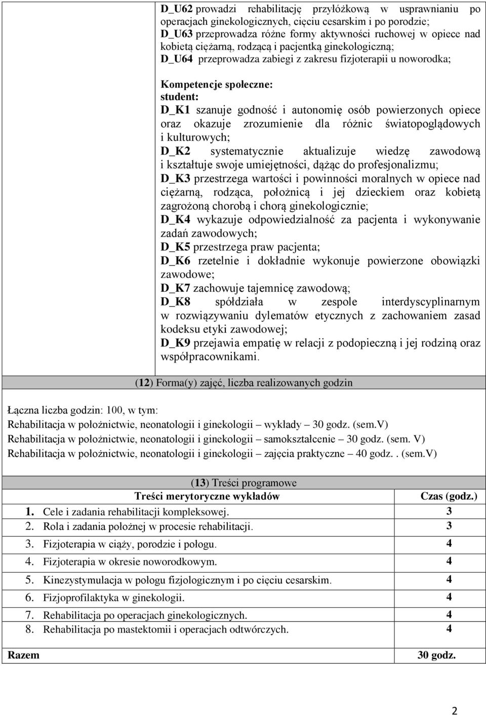 oraz okazuje zrozumienie dla różnic światopoglądowych i kulturowych; D_K2 systematycznie aktualizuje wiedzę zawodową i kształtuje swoje umiejętności, dążąc do profesjonalizmu; D_K3 przestrzega