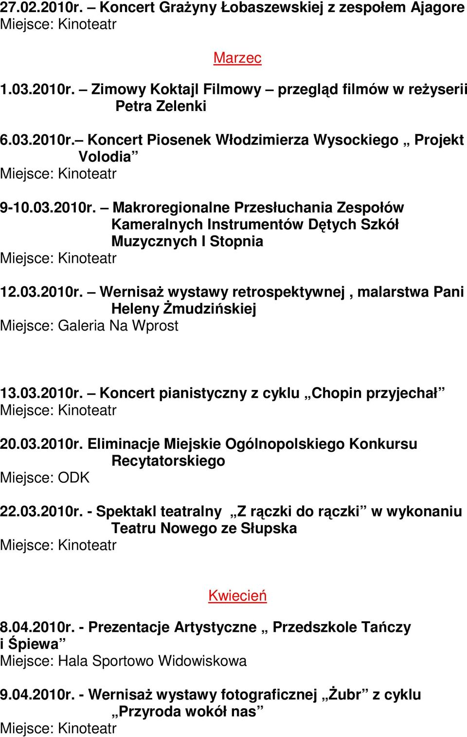 03.2010r. Koncert pianistyczny z cyklu Chopin przyjechał 20.03.2010r. Eliminacje Miejskie Ogólnopolskiego Konkursu Recytatorskiego 22.03.2010r. - Spektakl teatralny Z rączki do rączki w wykonaniu Teatru Nowego ze Słupska Kwiecień 8.