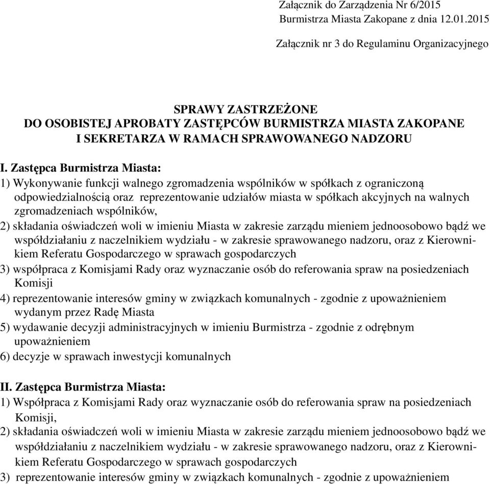 2015 Załącznik nr 3 do Regulaminu Organizacyjnego SPRAWY ZASTRZEŻONE DO OSOBISTEJ APROBATY ZASTĘPCÓW BURMISTRZA MIASTA ZAKOPANE I SEKRETARZA W RAMACH SPRAWOWANEGO NADZORU I.