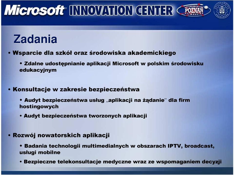 firm hostingowych Audyt bezpieczeństwa tworzonych aplikacji Rozwój nowatorskich aplikacji Badania technologii