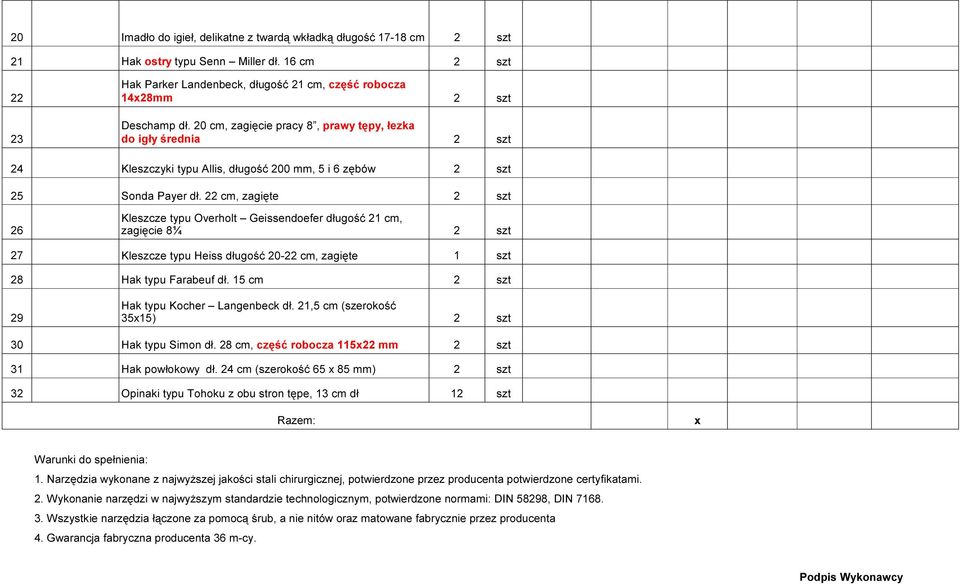 22 cm, zagięte Kleszcze typu Overholt Geissendoefer długość 21 cm, 26 zagięcie 8¼ 27 Kleszcze typu Heiss długość 20-22 cm, zagięte 28 Hak typu Farabeuf dł. 15 cm Hak typu Kocher Langenbeck dł.