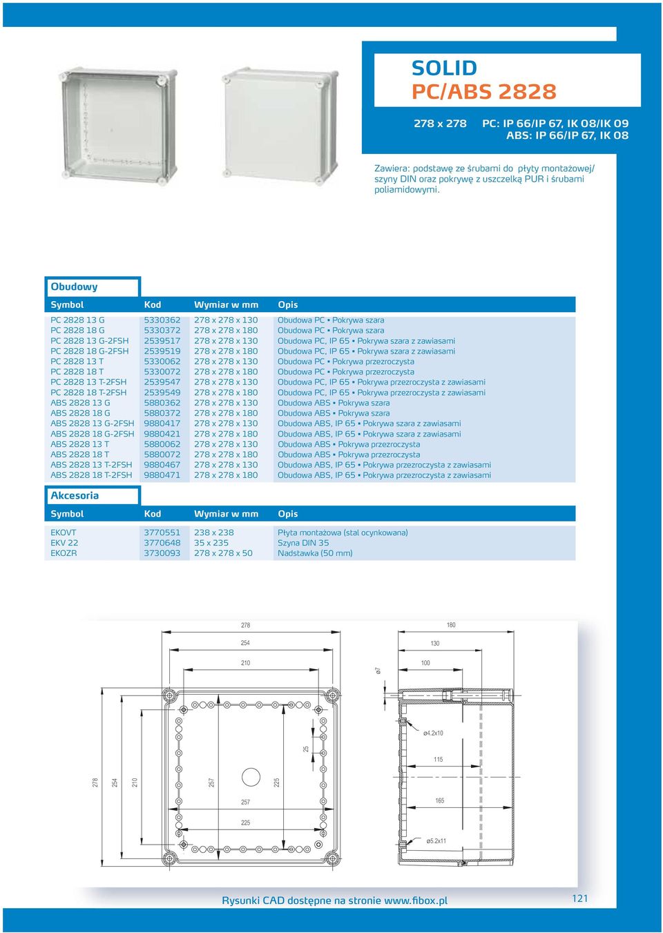 18 G-FSH 539519 78 x 78 x 180 Obudowa PC, IP 65 Pokrywa szara z zawiasami PC 88 13 T 533006 78 x 78 x 130 Obudowa PC Pokrywa przezroczysta PC 88 18 T 533007 78 x 78 x 180 Obudowa PC Pokrywa