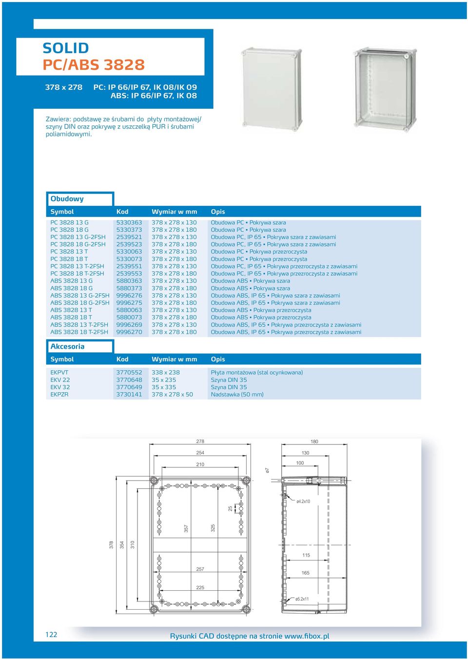 zawiasami PC 388 18 G-FSH 53953 378 x 78 x 180 Obudowa PC, IP 65 Pokrywa szara z zawiasami PC 388 13 T 5330063 378 x 78 x 130 Obudowa PC Pokrywa przezroczysta PC 388 18 T 5330073 378 x 78 x 180